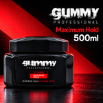 A black jar of Gummy Professional Hairgel Maximum Hold, 500ml, displayed on a dark reflective surface with dramatic red lighting and text overlays.