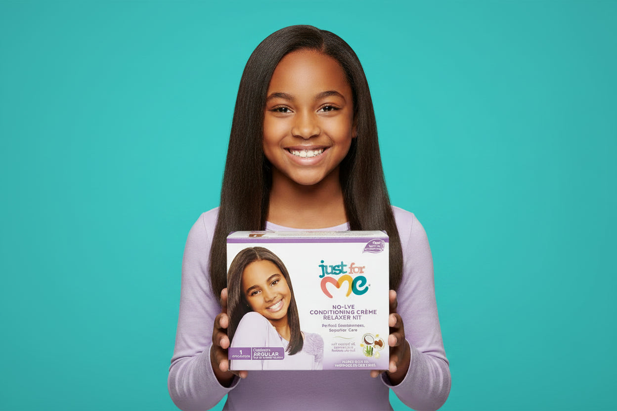 Just for Me No-Lye Conditioning Crème Relaxer Kit box, featuring a smiling young woman on the front with purple and white packaging and multicolor branding.
