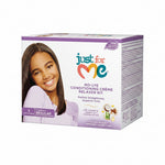 Just for Me No-Lye Conditioning Crème Relaxer Kit box, featuring a smiling young woman on the front with purple and white packaging and multicolor branding.