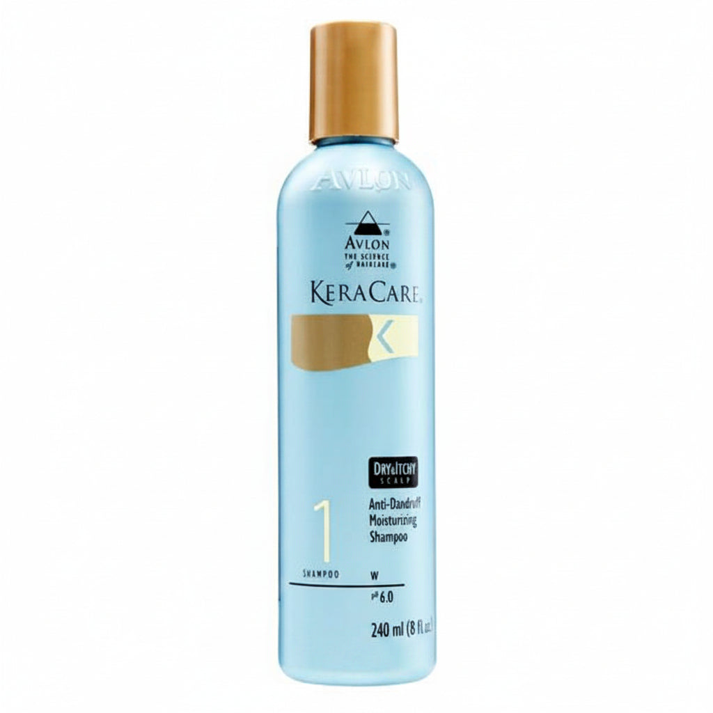 KeraCare shampoo bottle with gold cap on a white background
