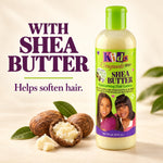 A bottle of Kids Originals Shea Butter Moisturising Hair Lotion stands on a light beige surface next to shea nuts and leaves, with large text reading 'WITH SHEA BUTTER' and 'Helps soften hair.'.