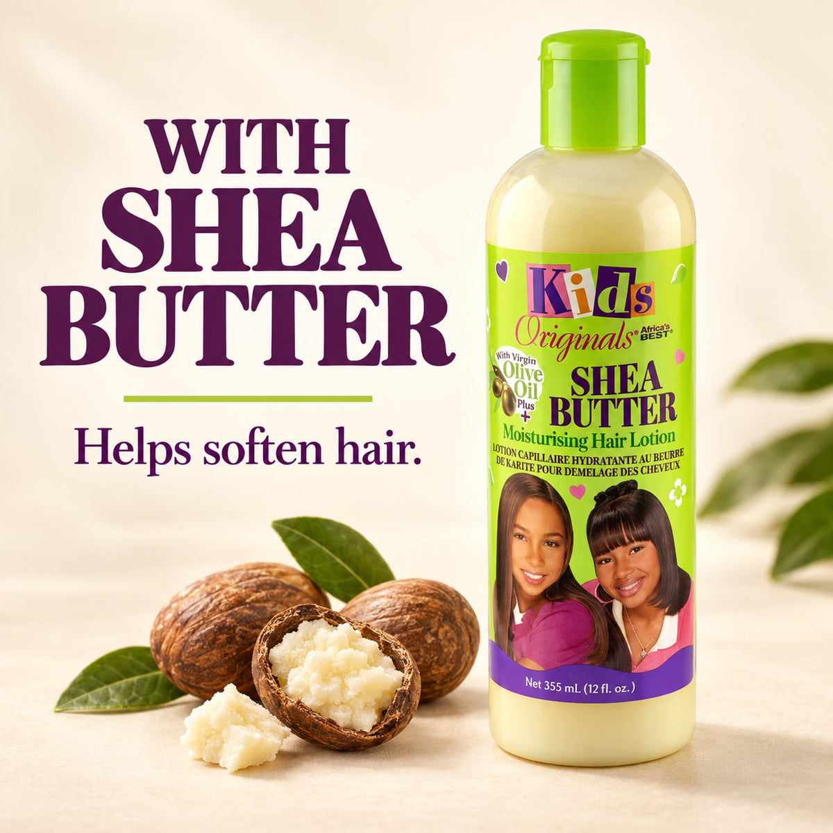 A bottle of Kids Originals Shea Butter Moisturising Hair Lotion stands on a light beige surface next to shea nuts and leaves, with large text reading 'WITH SHEA BUTTER' and 'Helps soften hair.'.