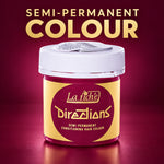 A jar of La Richie Directions Semi-Permanent Conditioning Hair Colour on a dark maroon background with gold text reading 'SEMI-PERMANENT COLOUR'.
