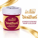 La Tiche Directions Conditioning Hair Colour jar with a white lid and gold/yellow label, shown on a white background with decorative gold hair strands and product text.