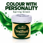 A jar of La Riche Directions Semi-Permanent Conditioning Hair Colour in the shade Spring Green, set against a white background with green hair-splatter graphics and bold text reading 'COLOUR WITH PERSONALITY Spring Green'.