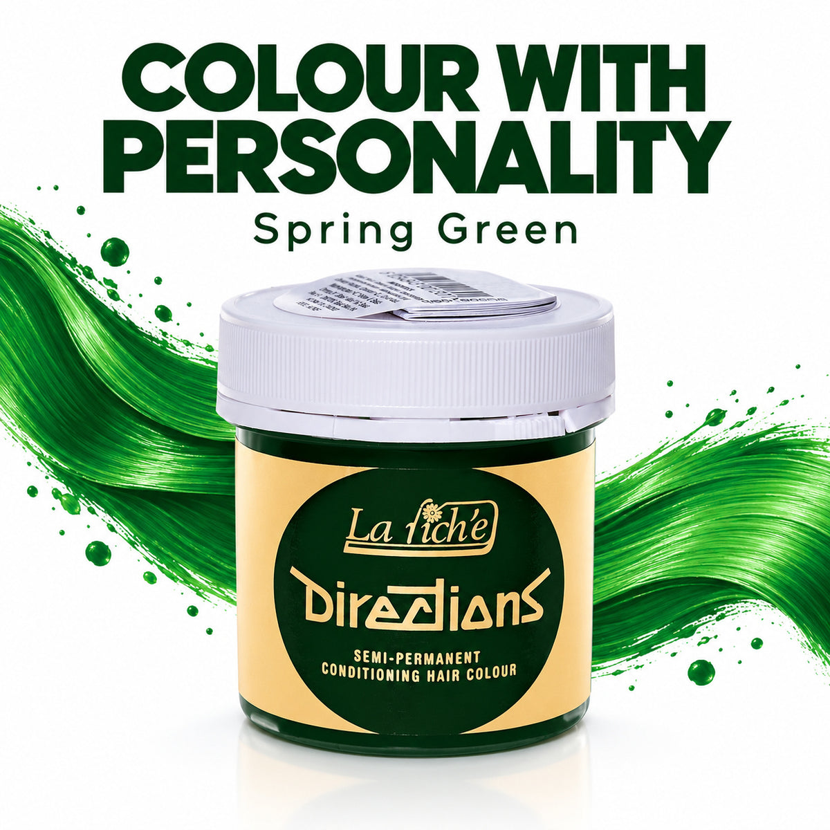 A jar of La Riche Directions Semi-Permanent Conditioning Hair Colour in the shade Spring Green, set against a white background with green hair-splatter graphics and bold text reading 'COLOUR WITH PERSONALITY Spring Green'.