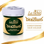 A jar of La Fiché Directions Conditioning Hair Colour shown on a white background with gold decorative hair strands and brand text. The product is a semi-permanent hair color in a dark green jar with a gold label and a white lid.