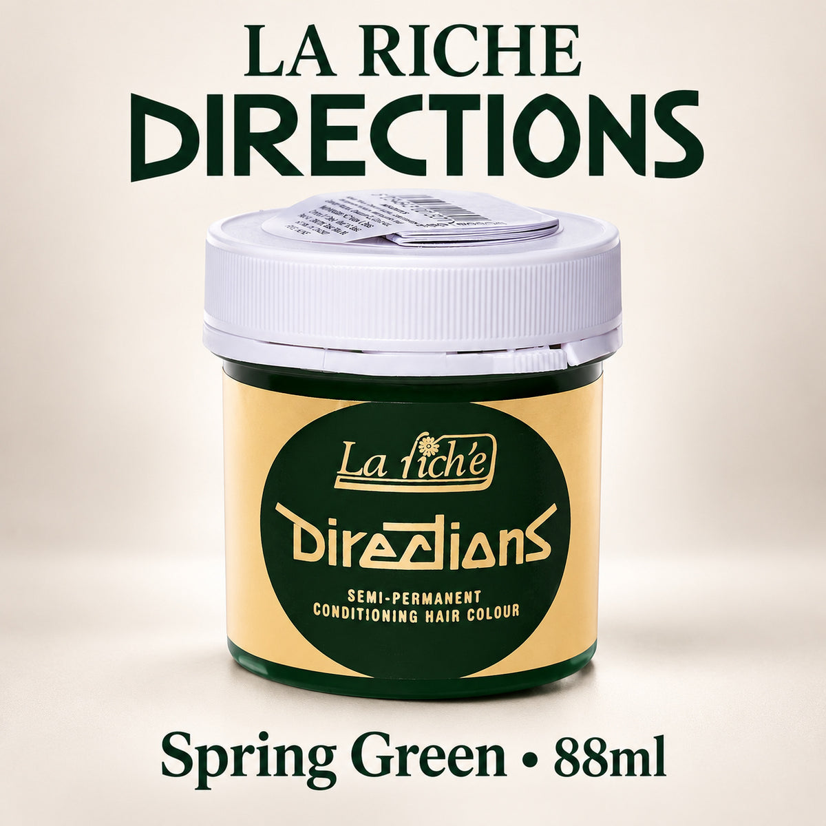 A jar of La Riche Directions semi-permanent conditioning hair colour in the shade Spring Green, 88ml. The product is shown in a cylindrical jar with a white lid and a label that is primarily yellow with a dark green oval logo.