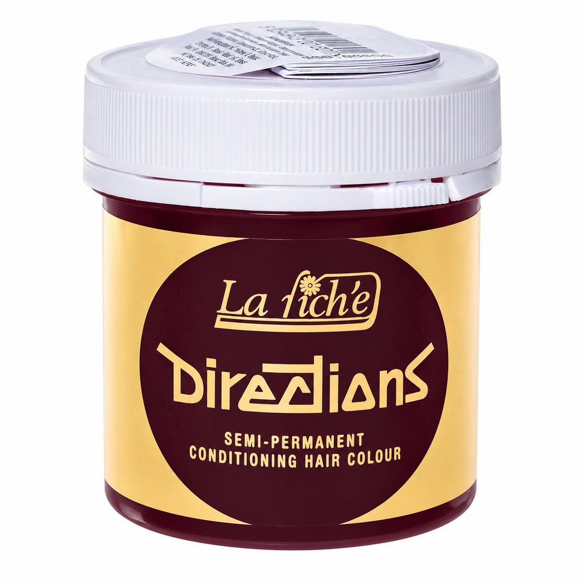 A jar of La Fiche Directions Semi-Permanent Conditioning Hair Colour on a white background. The container has a white screw-on lid, a dark maroon label with a large gold circle, and gold lettering.