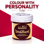 A jar of La Riche Directions Semi-Permanent Conditioning Hair Colour in the Tulip shade, set against a graphic background with red and white diagonal sections and promotional text.