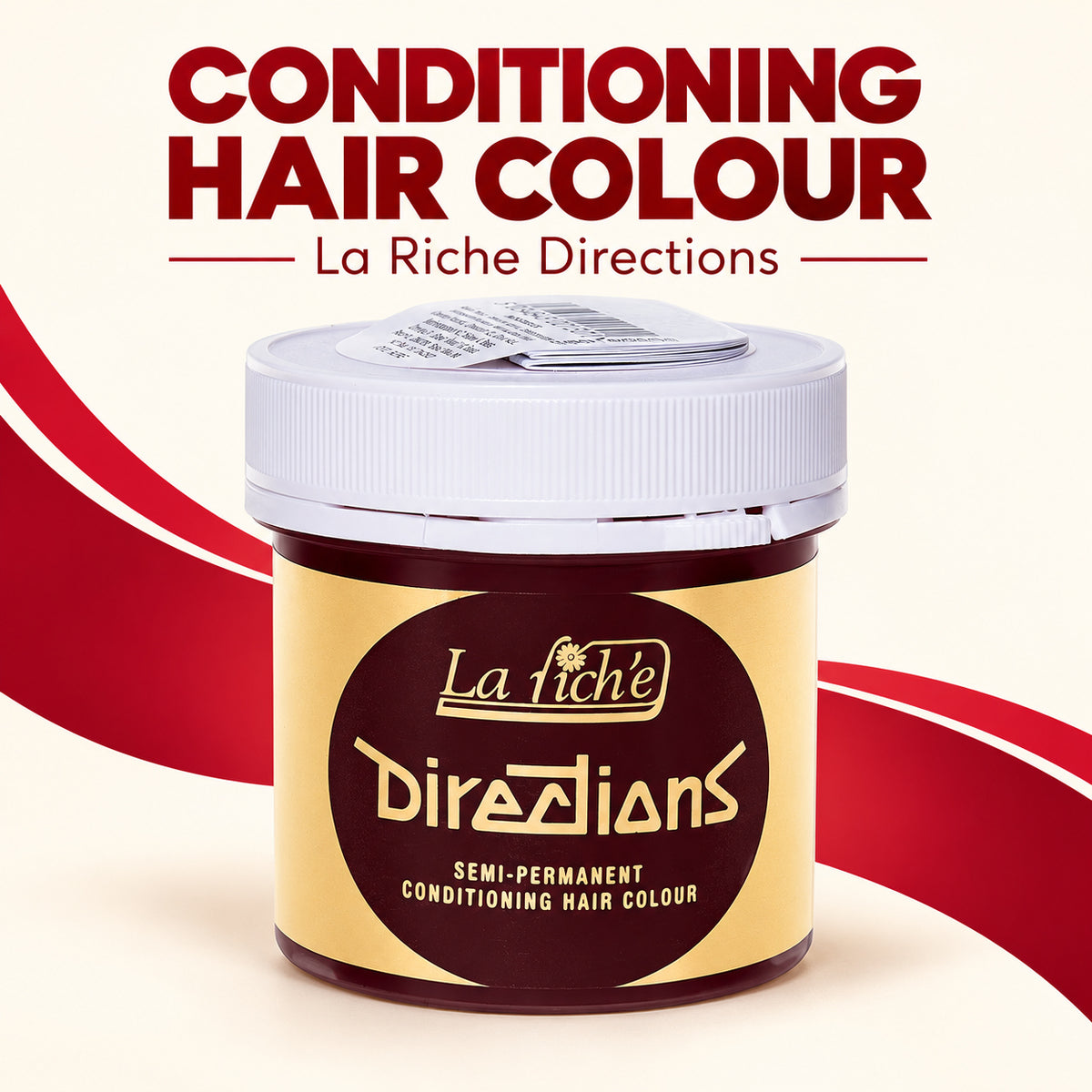 A jar of La Riche Directions Conditioning Hair Colour shown on a cream background with red graphic accents and large text reading 'CONDITIONING HAIR COLOUR' and 'La Riche Directions'.