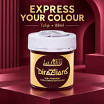 A jar of La Riché Directions semi-permanent conditioning hair colour in a deep tulip shade, displayed on a dark red platform with promotional text overlay.