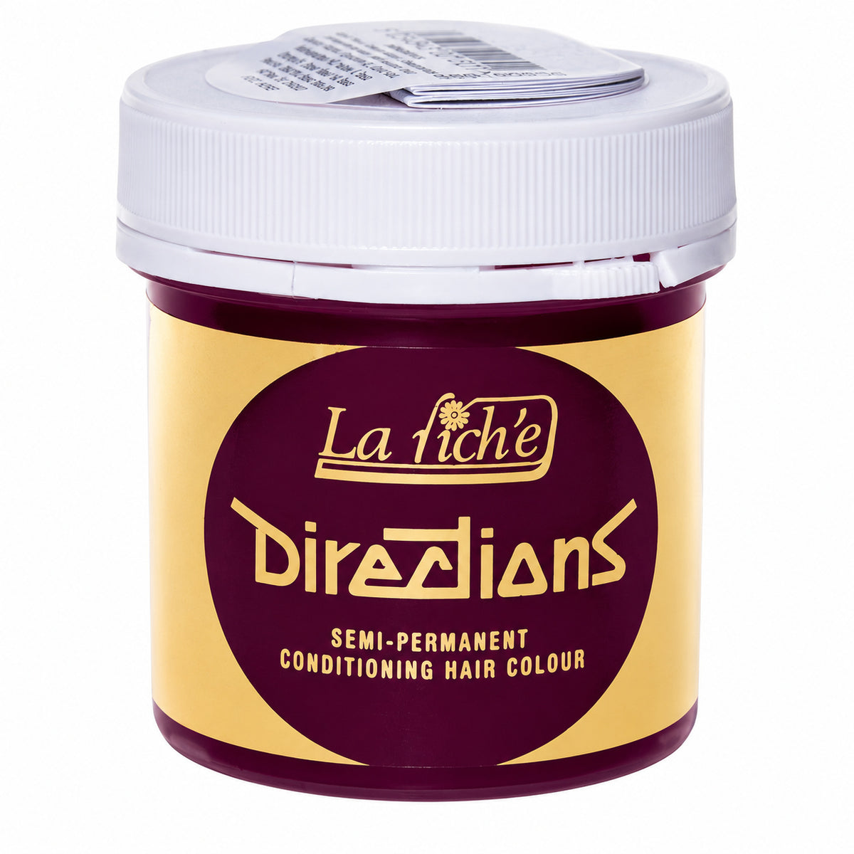 A jar of La Fiché Directions Semi-Permanent Conditioning Hair Colour, featuring a white ribbed cap and a label with a gold and dark purple design.