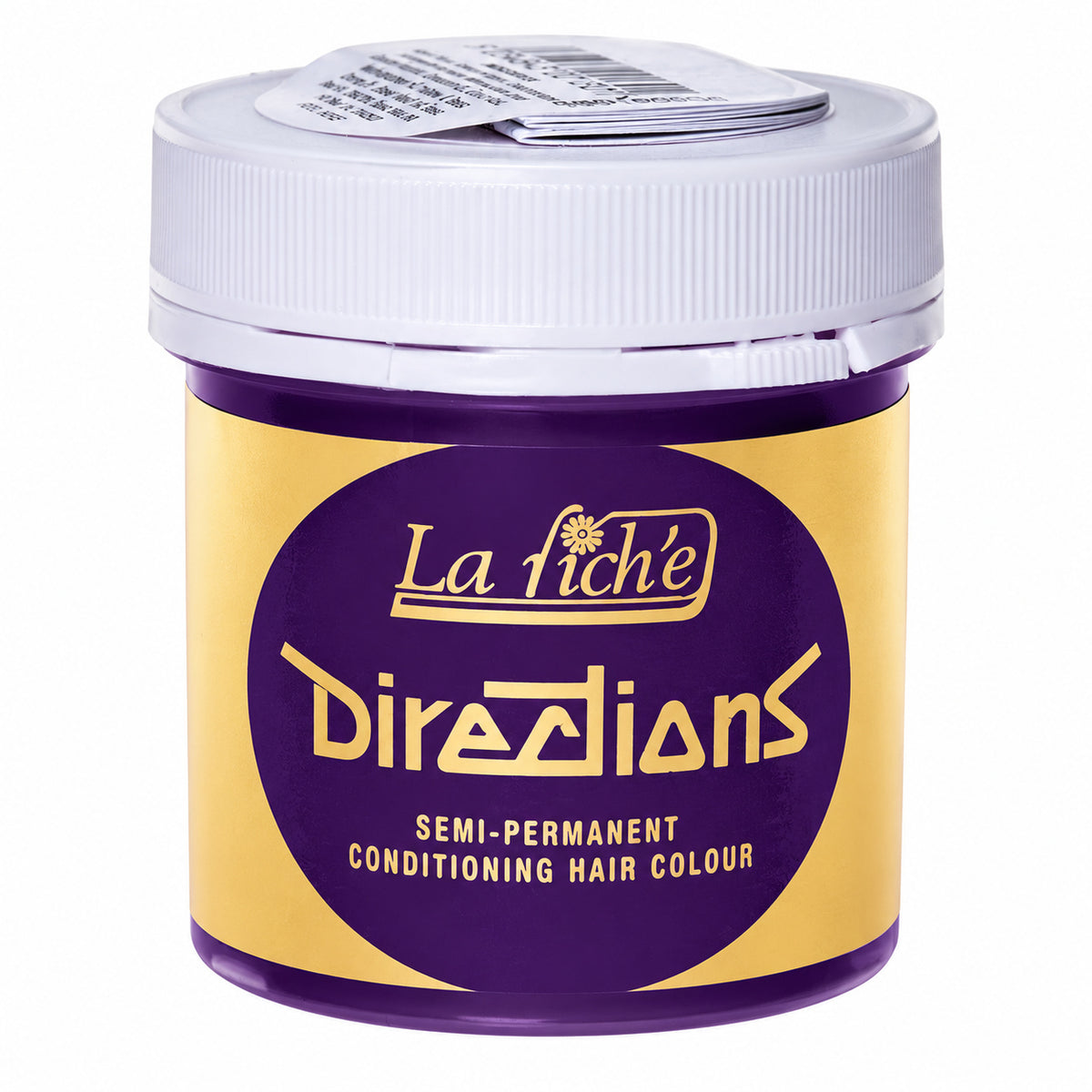 A jar of La Fiché Directions Semi-Permanent Conditioning Hair Colour, featuring a purple and gold label with a white screw cap, shown on a plain white background.