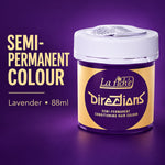 A jar of La Fichée Directions semi-permanent conditioning hair colour in lavender, shown on a purple gradient background with text reading 'SEMI-PERMANENT COLOUR' and 'Lavender • 88ml'.