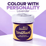 A jar of La Fiche Directions hair colour in the Lavender shade, displayed against a purple and white graphic background with promotional text.