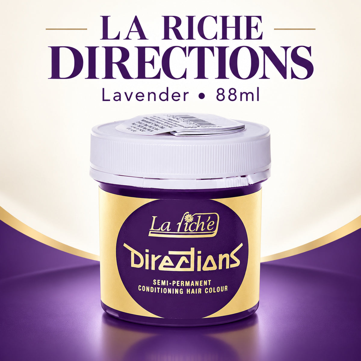 A jar of La Riche Directions semi-permanent conditioning hair colour in lavender, 88ml. The product is shown in a purple and gold jar with a white lid, set against a purple and cream background with the brand name 'LA RICHE DIRECTIONS' and 'Lavender • 88ml' written at the top.