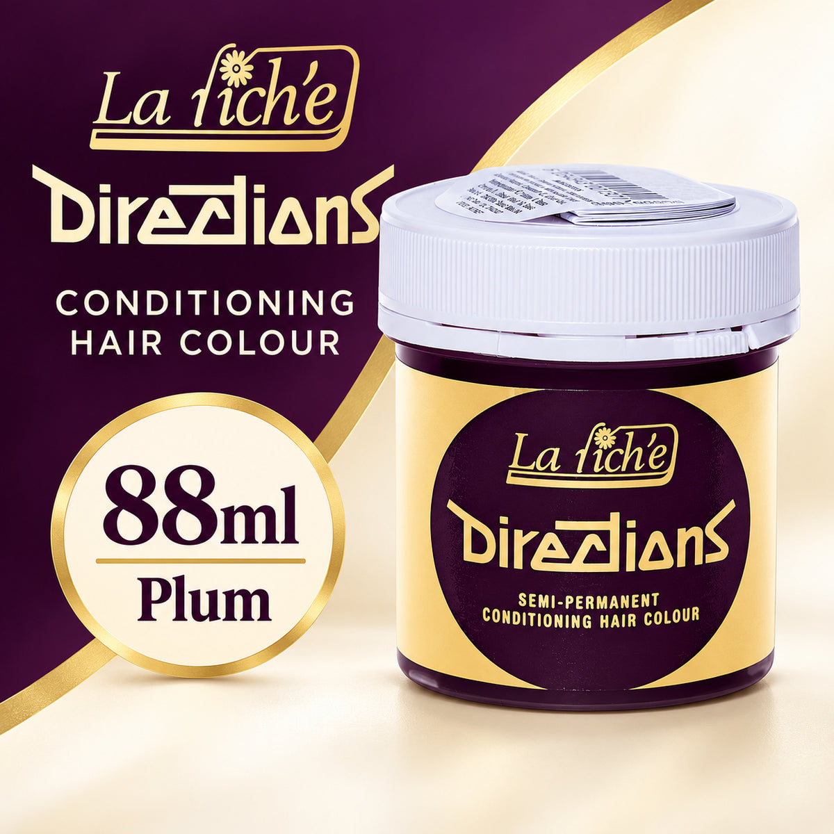 A jar of La Fiché Directions Conditioning Hair Colour in Plum, shown alongside promotional text on a gold and dark purple background.