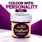A jar of La Tiche Directions Semi-Permanent Conditioning Hair Colour in the shade Plum, set against a graphic background with purple and white diagonal sections and text reading 'COLOUR WITH PERSONALITY' and 'Plum'.