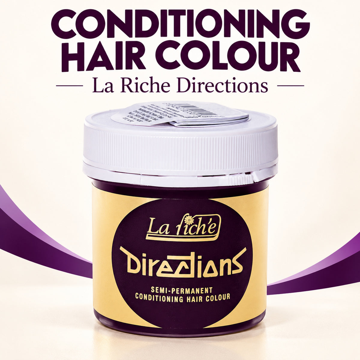 A jar of La Riche Directions Conditioning Hair Colour shown on a cream background with purple text and decorative swooshes. The product is a semi-permanent conditioning hair color in a clear jar with a white lid and a yellow-and-purple label.
