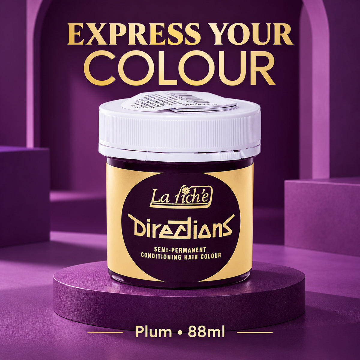 A jar of La Fiché Directions semi-permanent conditioning hair colour in Plum, 88ml, displayed on a dark purple pedestal against a purple studio background with the text 'EXPRESS YOUR COLOUR' and 'Plum • 88ml'.