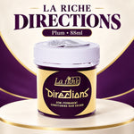 A jar of La Rich'e Directions semi-permanent conditioning hair colour in Plum, 88ml, displayed on a cream pedestal with a purple and gold graphic background and text overlay.