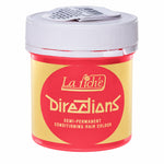 A jar of La Fiché Directions semi-permanent conditioning hair colour, featuring a red and yellow label with a white screw-on lid.