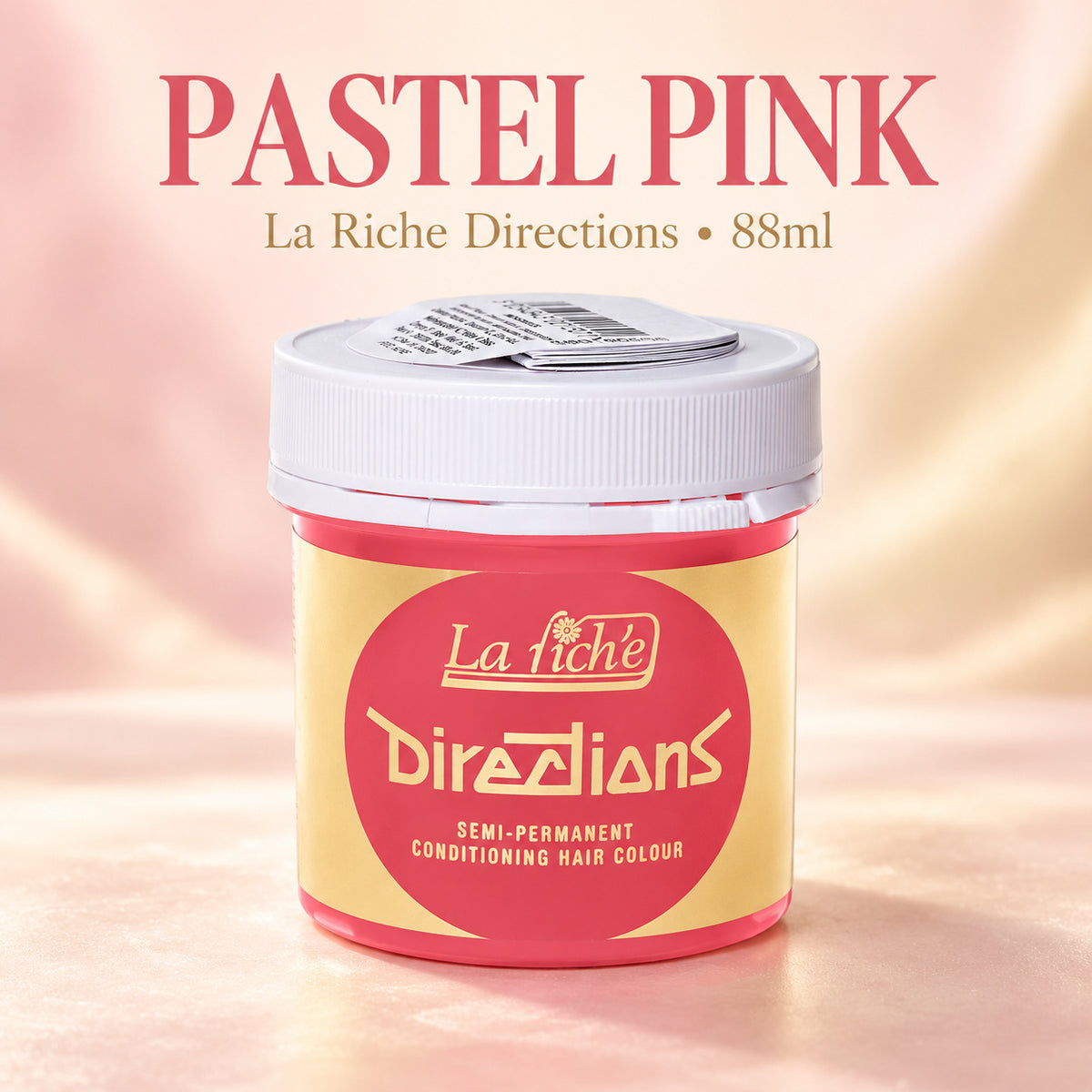 A jar of La Riche Directions Semi-Permanent Conditioning Hair Colour in 'Pastel Pink', featuring a yellow and red label with a white lid, set against a soft pink background with text overlay.