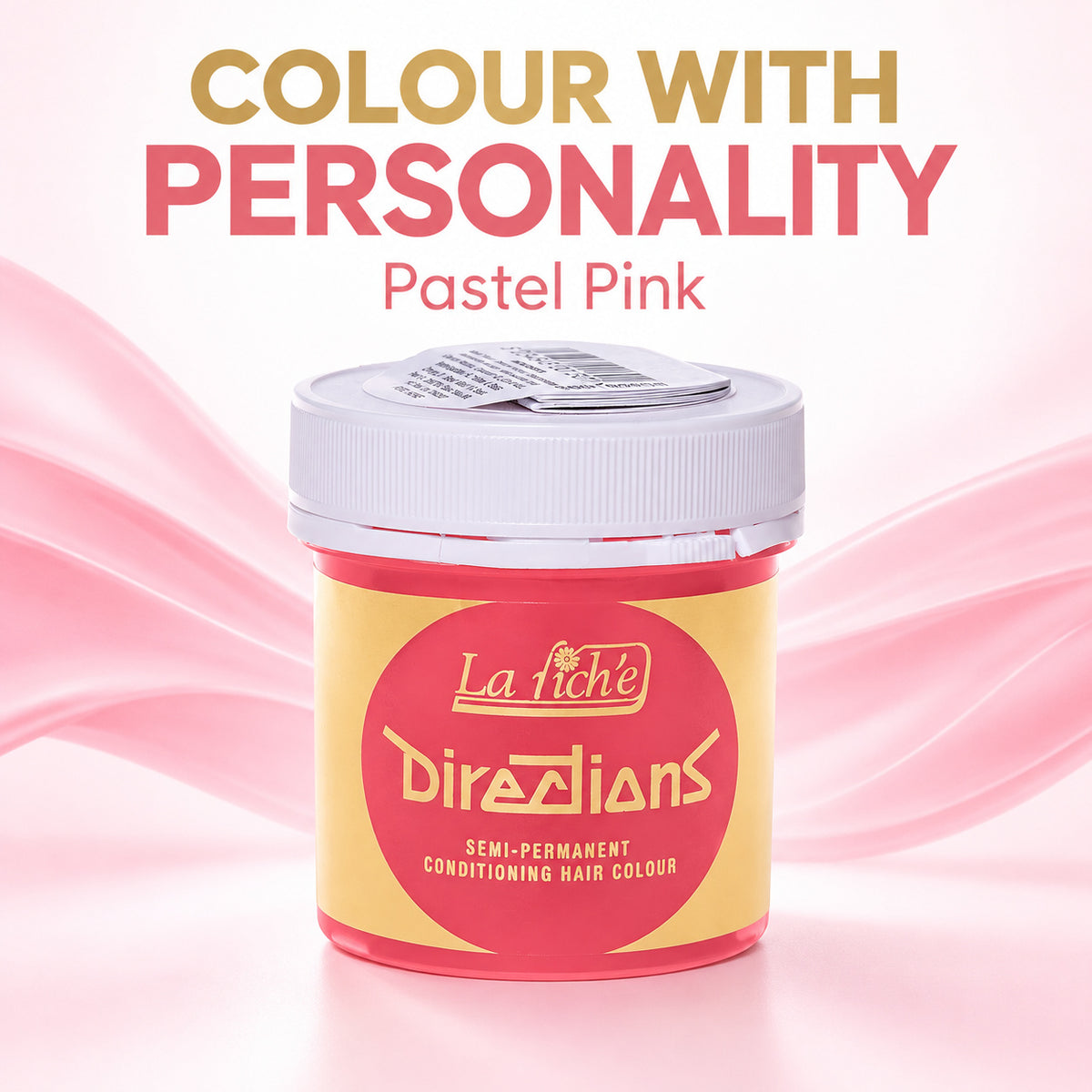 A jar of La Riche Directions Semi-Permanent Conditioning Hair Colour in the shade Pastel Pink, set against a soft pink and white background with decorative text and flowing wave graphics.