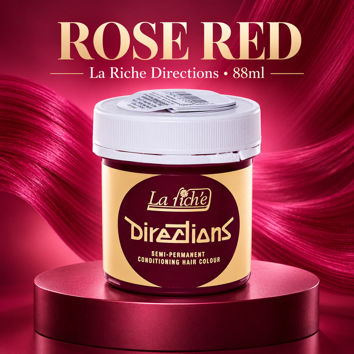 A jar of La Riche Directions Semi-Permanent Conditioning Hair Colour in the shade 'Rose Red', displayed on a metallic pedestal against a dark red background with stylized hair strands.
