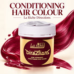 A jar of La Riche Directions Conditioning Hair Colour shown on a cream background with large swatches of deep burgundy hair color and the text 'CONDITIONING HAIR COLOUR' above it.