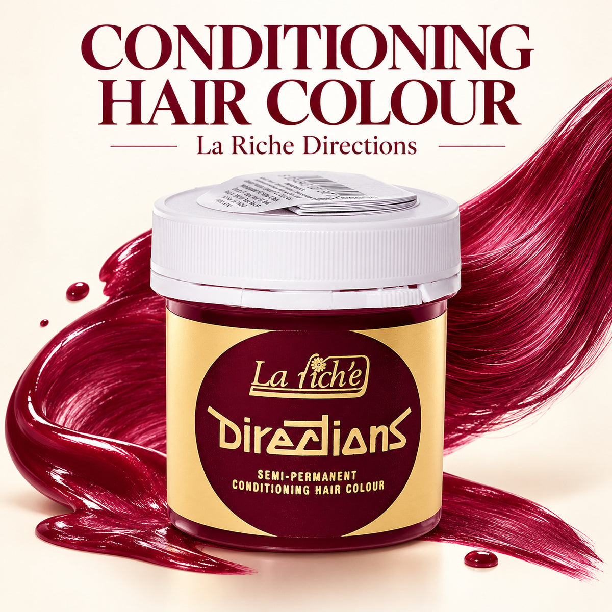 A jar of La Riche Directions Conditioning Hair Colour shown on a cream background with large swatches of deep burgundy hair color and the text 'CONDITIONING HAIR COLOUR' above it.