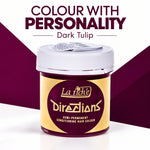 A jar of La Riche Directions semi-permanent conditioning hair colour in the shade Dark Tulip. The product is shown against a graphic background with dark purple and white diagonal shapes, with the text 'COLOUR WITH PERSONALITY' and 'Dark Tulip' at the top.