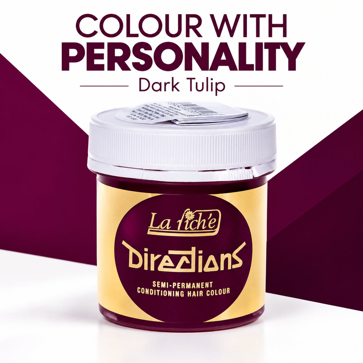 A jar of La Riche Directions semi-permanent conditioning hair colour in the shade Dark Tulip. The product is shown against a graphic background with dark purple and white diagonal shapes, with the text 'COLOUR WITH PERSONALITY' and 'Dark Tulip' at the top.