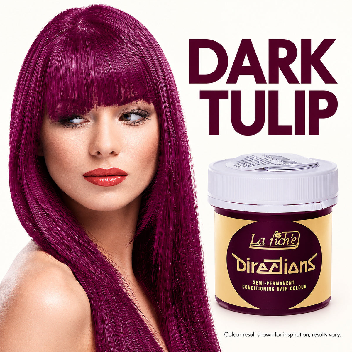 A woman with long, straight dark tulip purple hair is shown next to a jar of La Roche Directions semi-permanent hair colour. The text 'DARK TULIP' is displayed prominently on a white background.