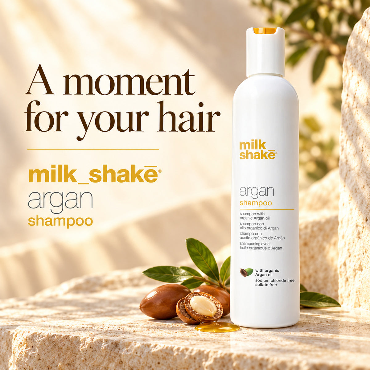A bottle of Milk Shake Argan Shampoo stands on a stone surface with argan nuts and leaves nearby. Large text on the left reads 'A moment for your hair' and 'milk_shake argan shampoo.