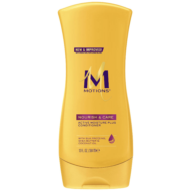 Yellow bottle of Motions Nourish & Care conditioner on a white background