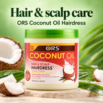 A jar of ORS Coconut Oil Hairdress hair and scalp care product centered on a light stone surface, with coconuts, green leaves, and large promotional text reading 'Hair & scalp care' and 'ORS Coconut Oil Hairdress' in the background.