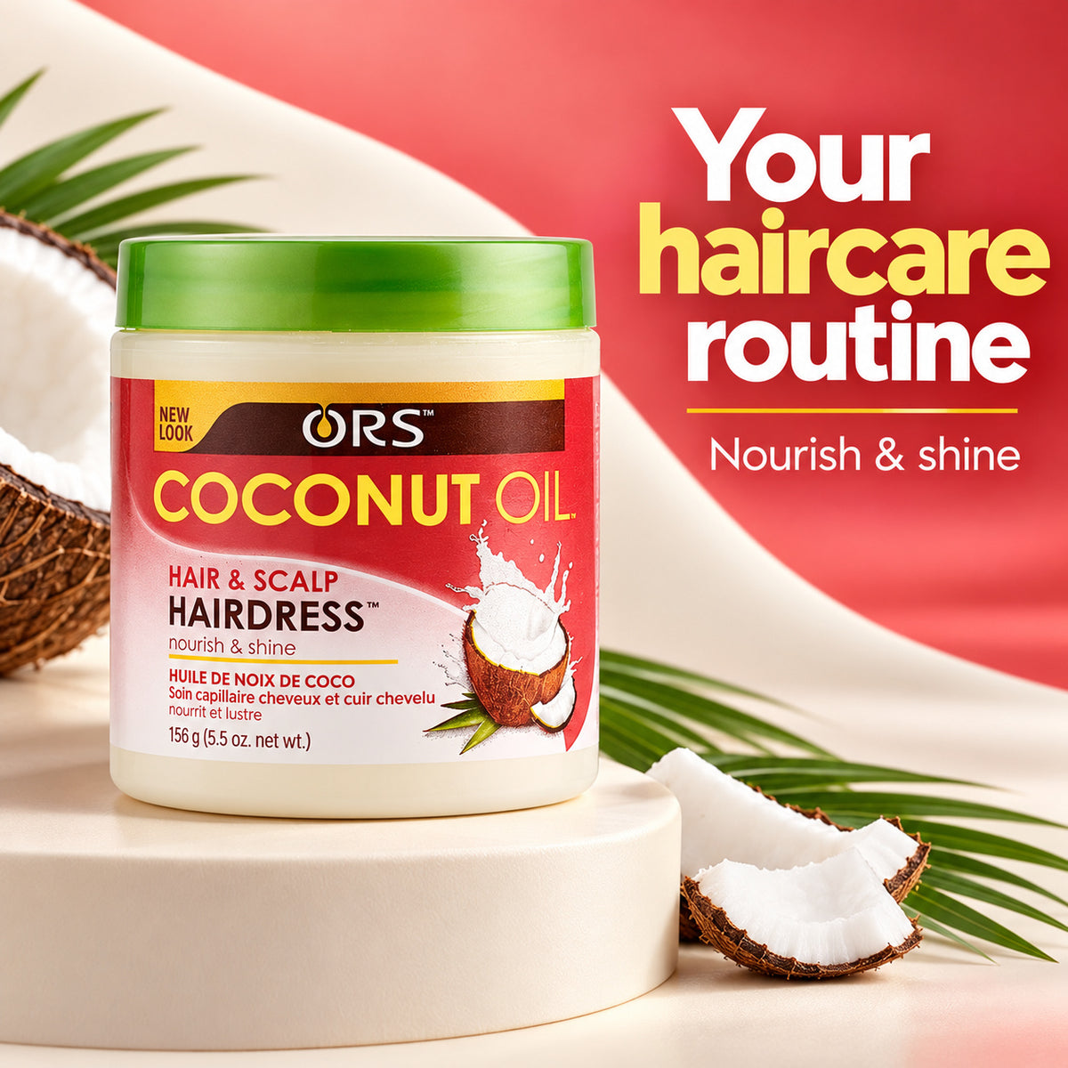A jar of ORS Coconut Oil Hair & Scalp Hairdress is displayed on a white pedestal with coconut halves and green leaves, set against a red and white background with promotional text.