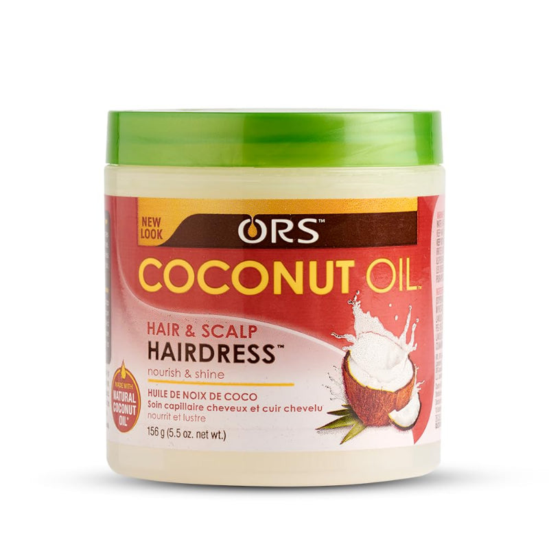 Jar of ORS Coconut Oil Hair and Scalp Hairdress on a white background