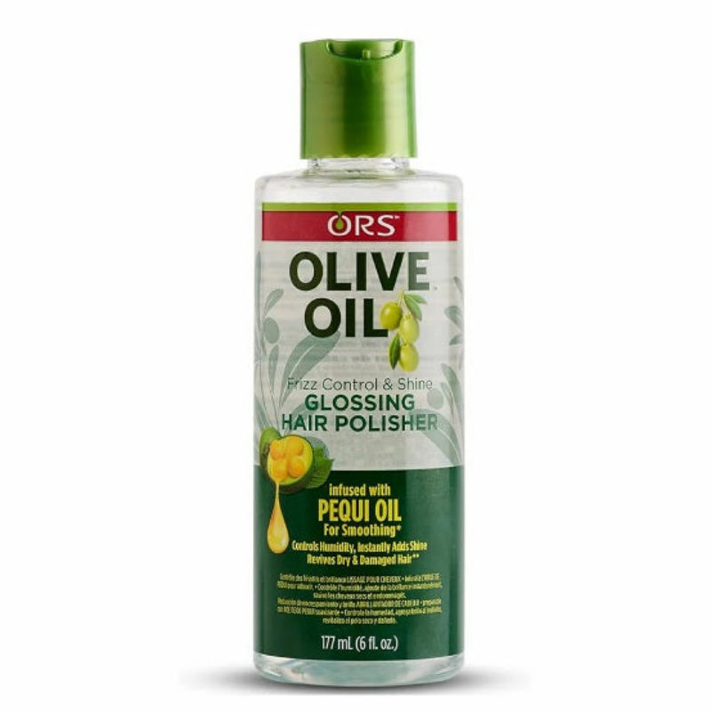 Bottle of ORS Olive Oil Glossing Hair Polisher on a white background