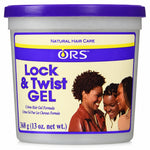 A tub of ORS Lock & Twist Gel hair conditioner with a purple lid and a cream-colored label featuring a photo of three Black women and bold purple text.