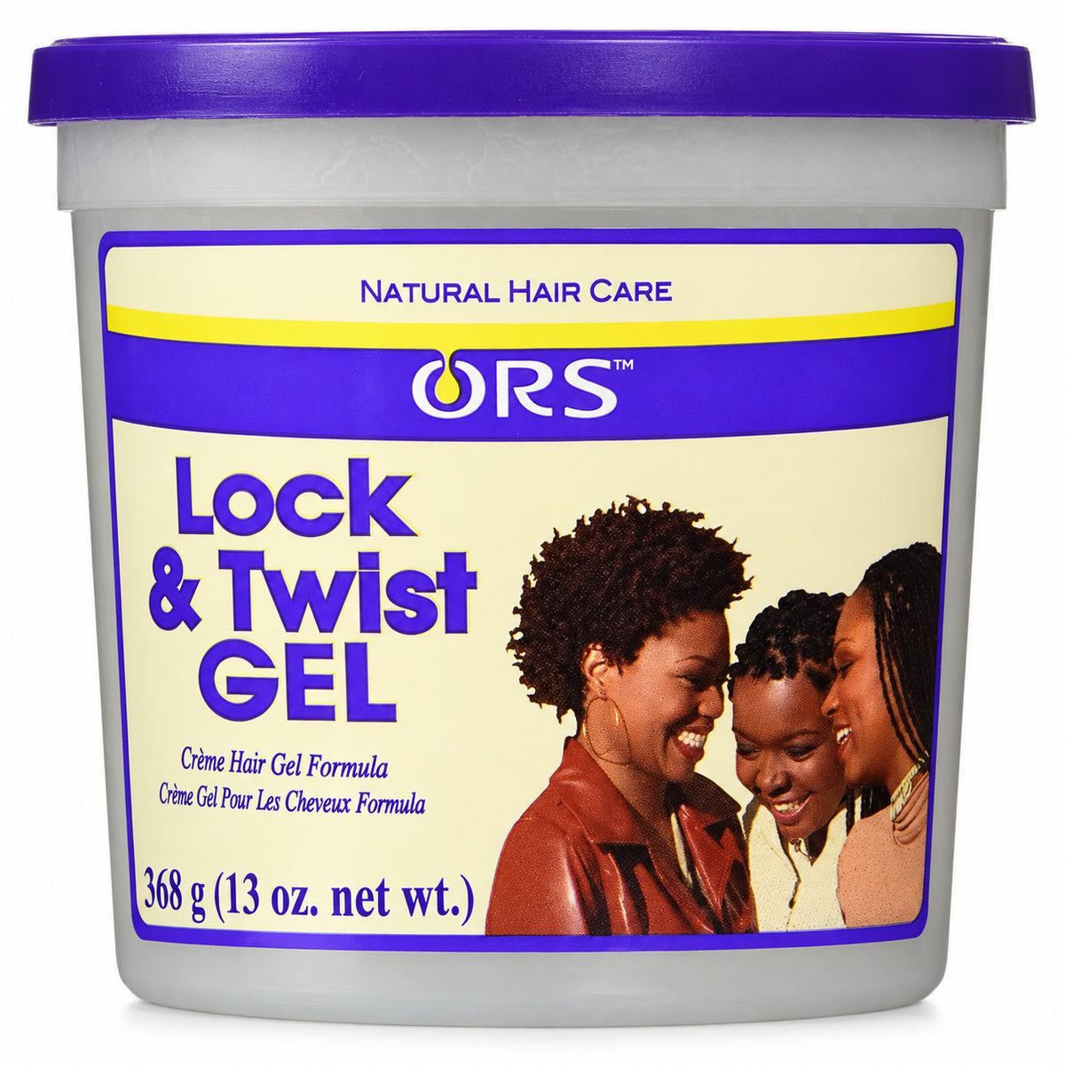 A tub of ORS Lock & Twist Gel hair conditioner with a purple lid and a cream-colored label featuring a photo of three Black women and bold purple text.