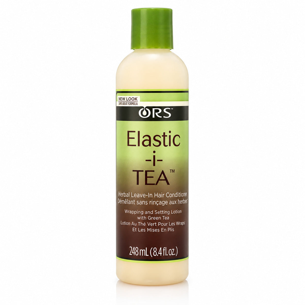 A bottle of ORS Elastic-i-Tea Herbal Leave-In Hair Conditioner with a green cap and a green-to-brown label, shown on a white background.