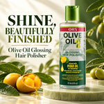 A bottle of ORS Olive Oil Glossing Hair Polisher stands on a light stone pedestal with olives and a halved olive nearby. Large text on the left reads 'SHINE, BEAUTIFULLY FINISHED' and 'Olive Oil Glossing Hair Polisher.
