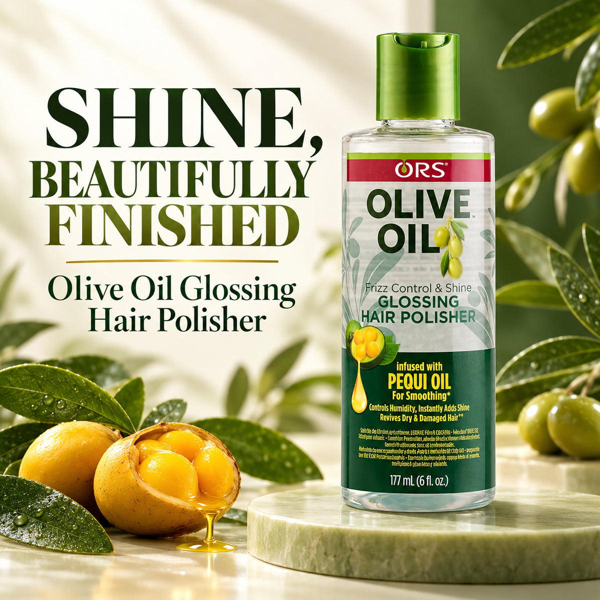 A bottle of ORS Olive Oil Glossing Hair Polisher stands on a light stone pedestal with olives and a halved olive nearby. Large text on the left reads 'SHINE, BEAUTIFULLY FINISHED' and 'Olive Oil Glossing Hair Polisher.
