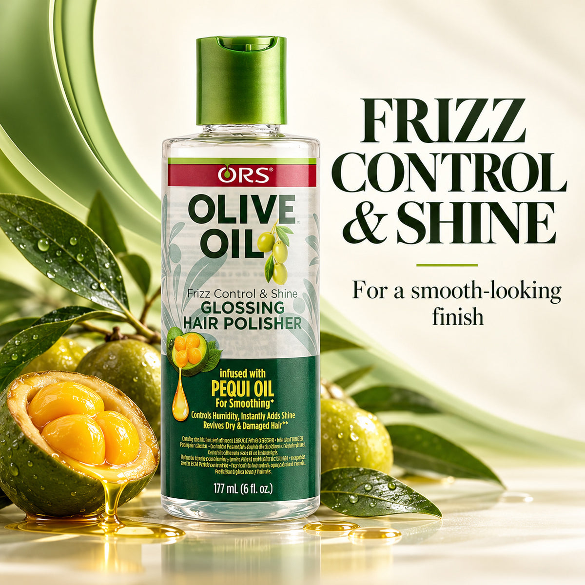A bottle of ORS Olive Oil Frizz Control & Shine Glossing Hair Polisher stands on a glossy white surface with green leaves, whole and halved olives, and a stream of golden oil around it. Large text on the right reads 'FRIZZ CONTROL & SHINE' and 'For a smooth-looking finish.
