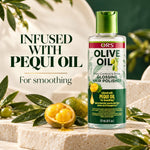 A bottle of ORS Olive Oil Frizz Control & Shine Glossing Hair Polisher stands on stone steps beside sliced pequi fruit and leaves, with large text reading 'INFUSED WITH PEQUI OIL For smoothing.' This is a styled product scene with no person or animal, so subject_type is Product/Packaging rather than Lifestyle.