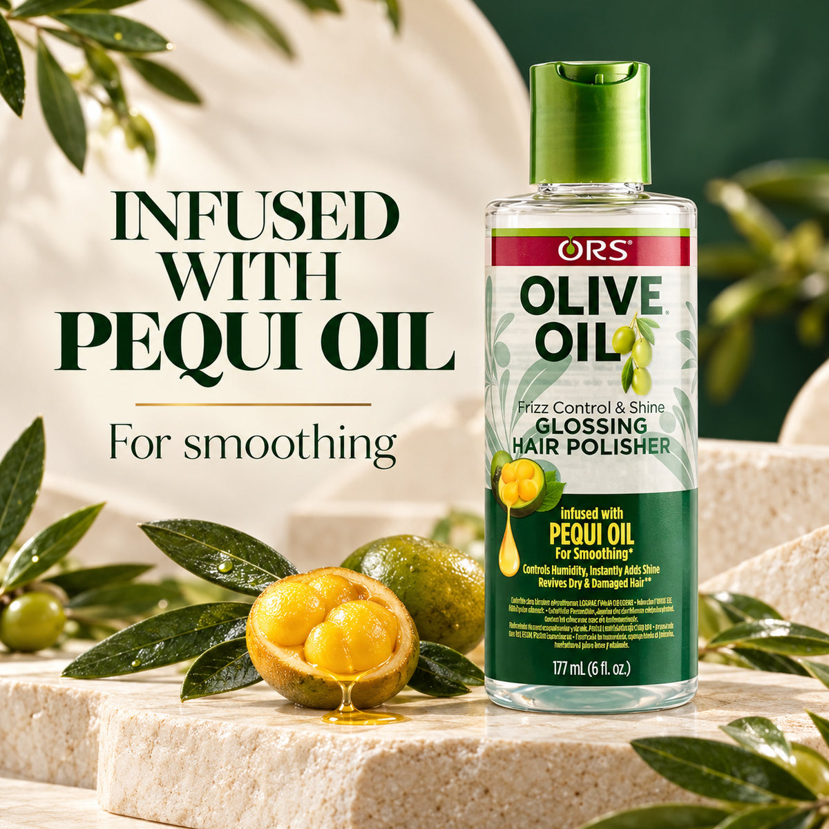 A bottle of ORS Olive Oil Frizz Control & Shine Glossing Hair Polisher stands on stone steps beside sliced pequi fruit and leaves, with large text reading 'INFUSED WITH PEQUI OIL For smoothing.' This is a styled product scene with no person or animal, so subject_type is Product/Packaging rather than Lifestyle.