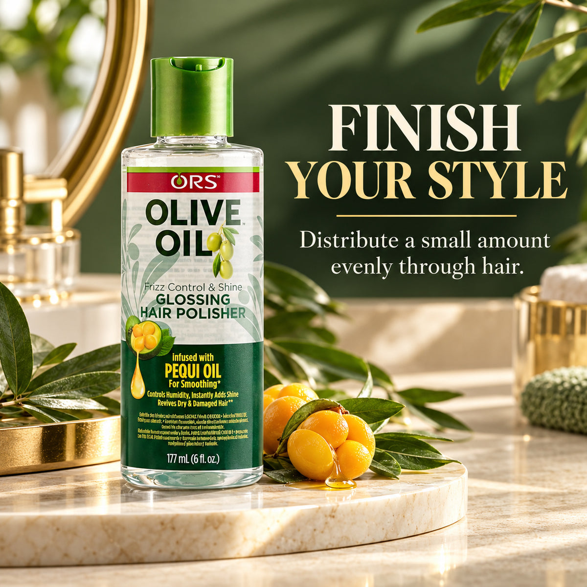 A bottle of ORS Olive Oil Glossing Hair Polisher stands on a marble tray in a bathroom-like setting with greenery and gold-toned accessories. Large text reads 'FINISH YOUR STYLE' and 'Distribute a small amount evenly through hair.